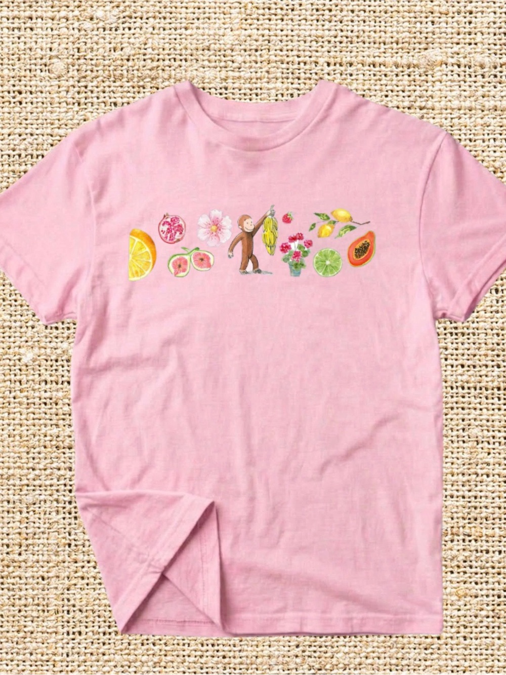 Gildan Pink Tee with Curious George & Fruit